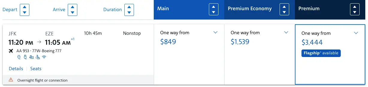JFK to EZE cash prices on American Airlines