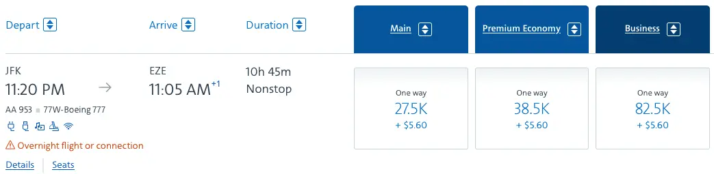 JFK to EZE award prices on American Airlines