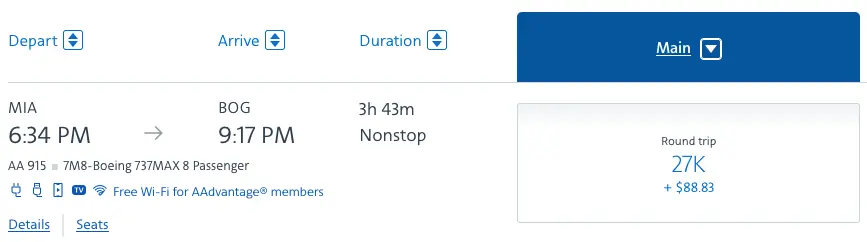 MIA–BOG: Price shown in points is for a round trip
