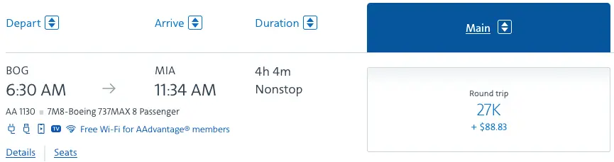 BOG-MIA: Price shown in points is for a round trip