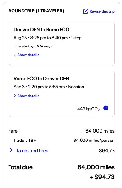 DEN to FCO award price
