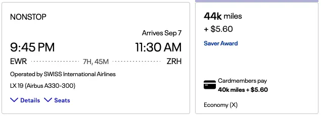 EWR to ZRH via United MileagePlus, September 2026