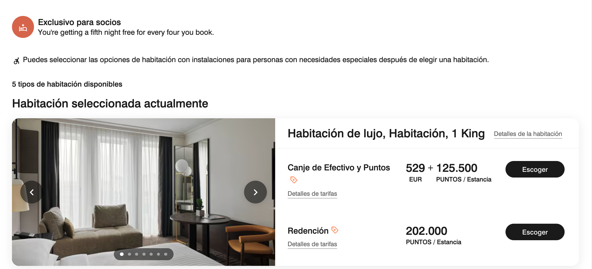Página de reserva con aviso de 5ta noche gratis
