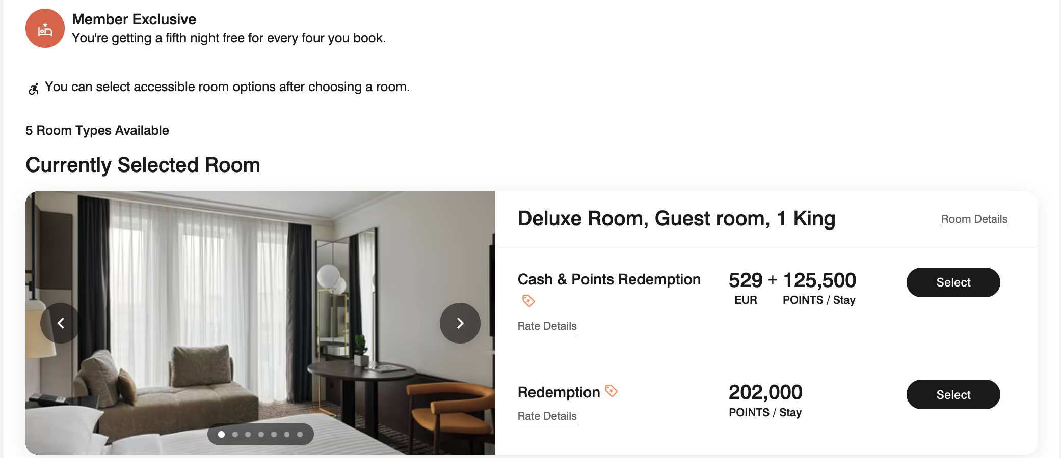 Booking page showing 5th night free notice