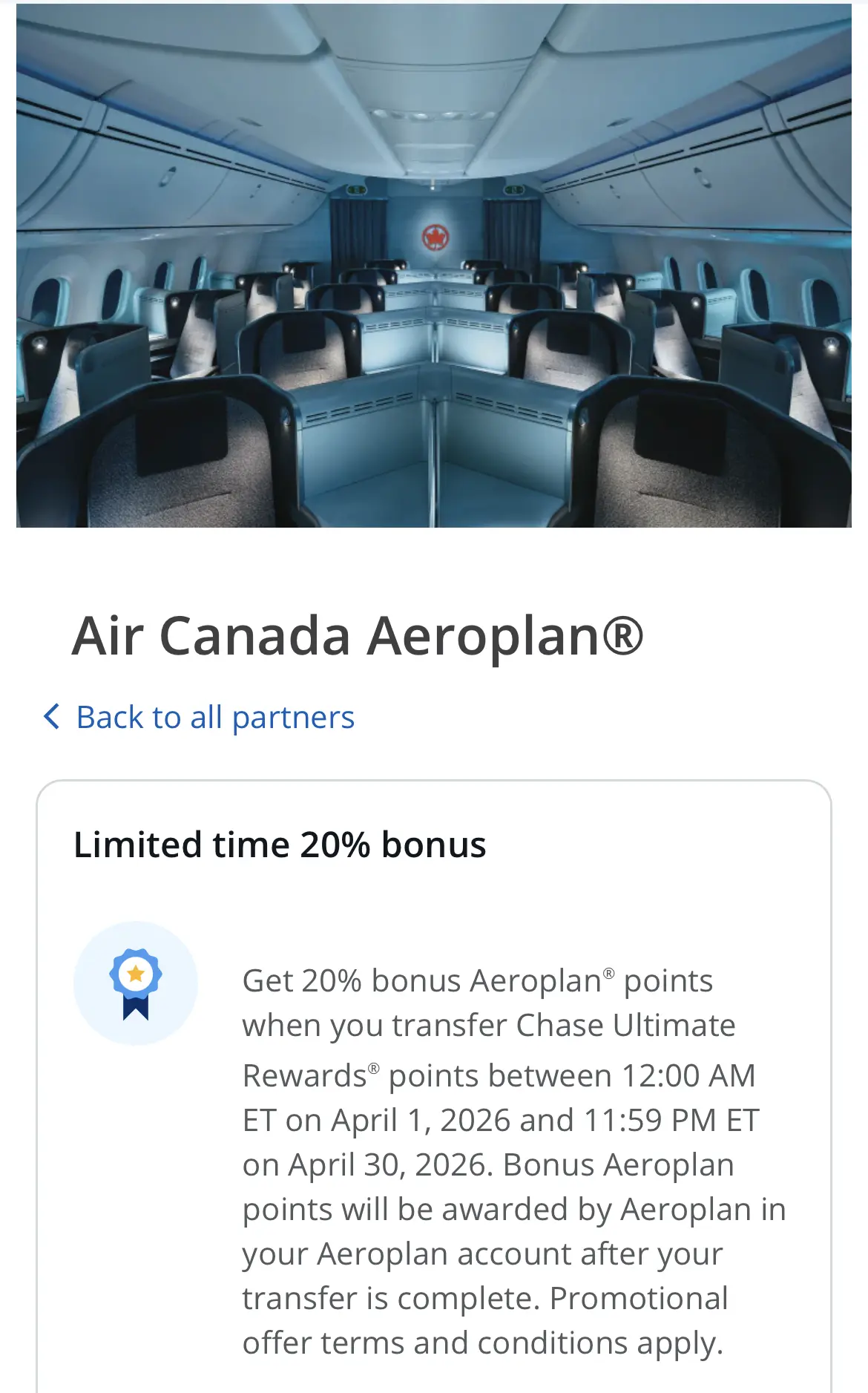 Chase to Aeroplan 20% transfer bonus, April 2026
